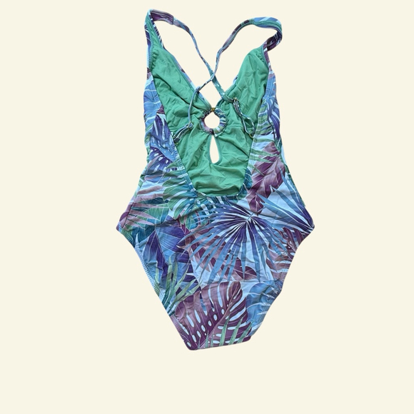 BLEU ROD BEATTIE Tropical Palm Print One Piece Swimsuit Racer Back Size 10 - Picture 6 of 7